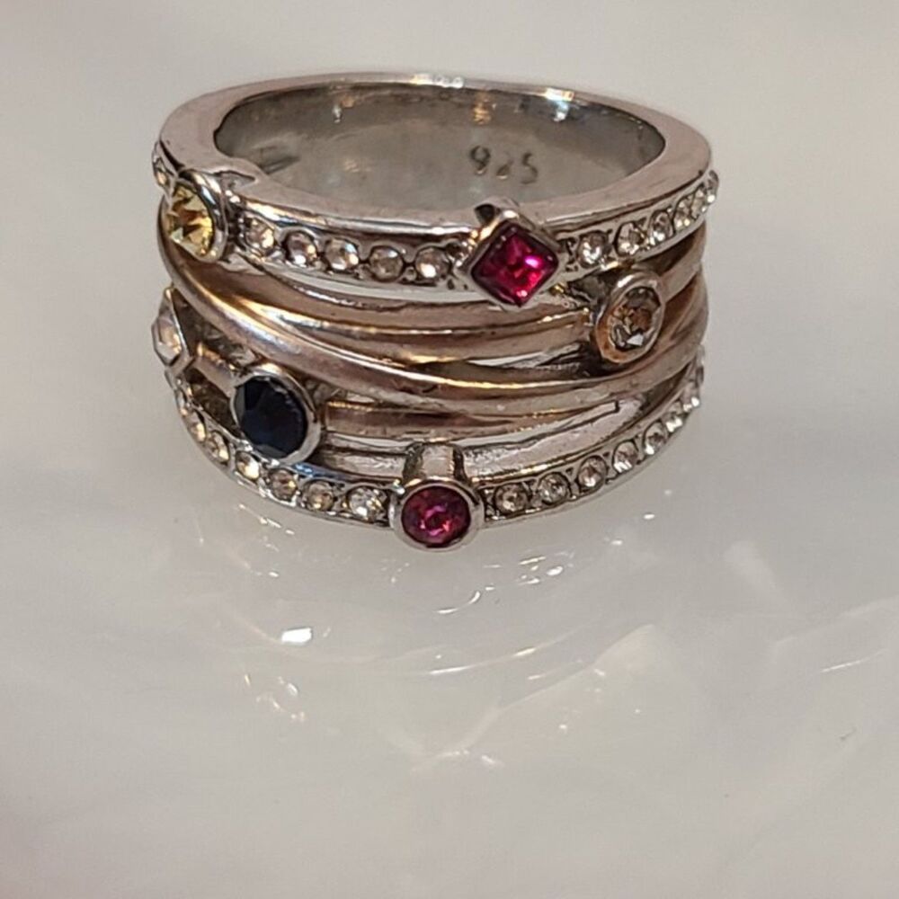 925 Sterling Silver Rainbow CZ Ring Size 6 Multi Color Gem Wide Statement Band